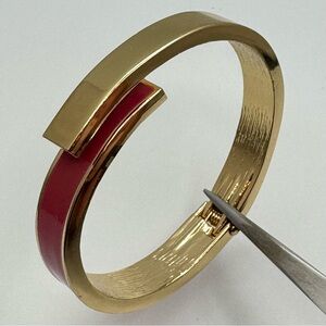 Gold Tone Hinged Cuff Bracelet w/ Pink Enamel – Modern Statement Bangle